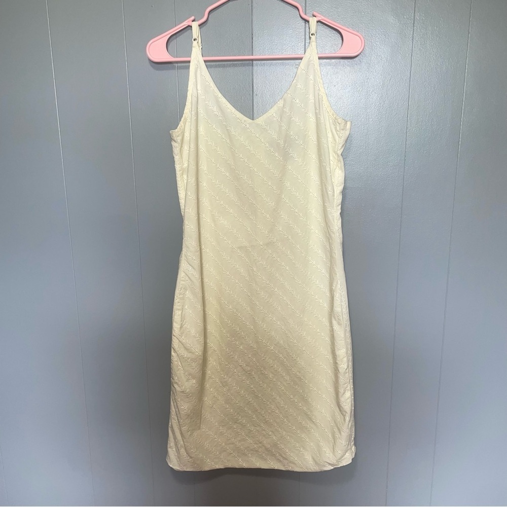 British Khaki Knee Length Yellow Eyelet Cotton Dress Size 6